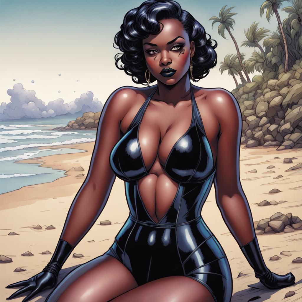 Goth Girl Beach Pin-Up in Watercolor Style