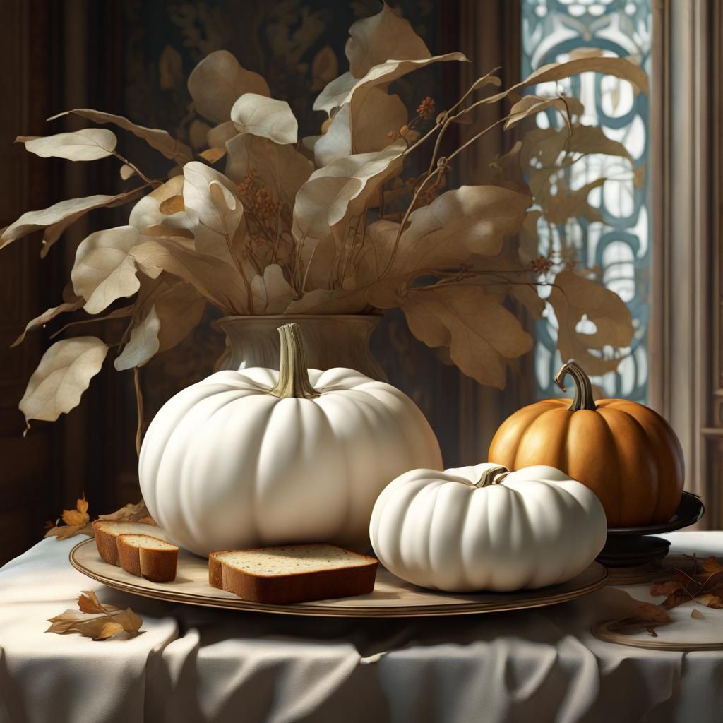 White Pumpkin Still Life in Art Nouveau Style