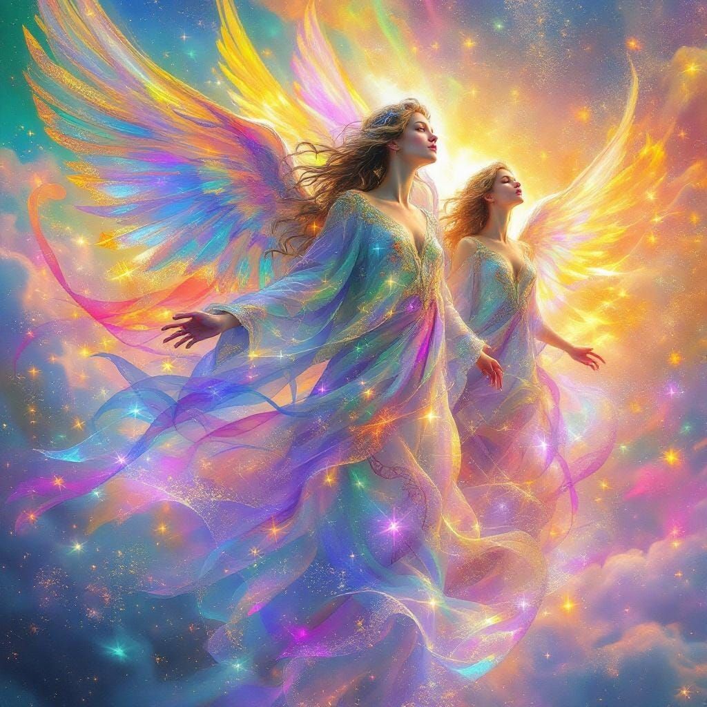 Iridescent Angels in Flowing Robes, Art Nouveau Style