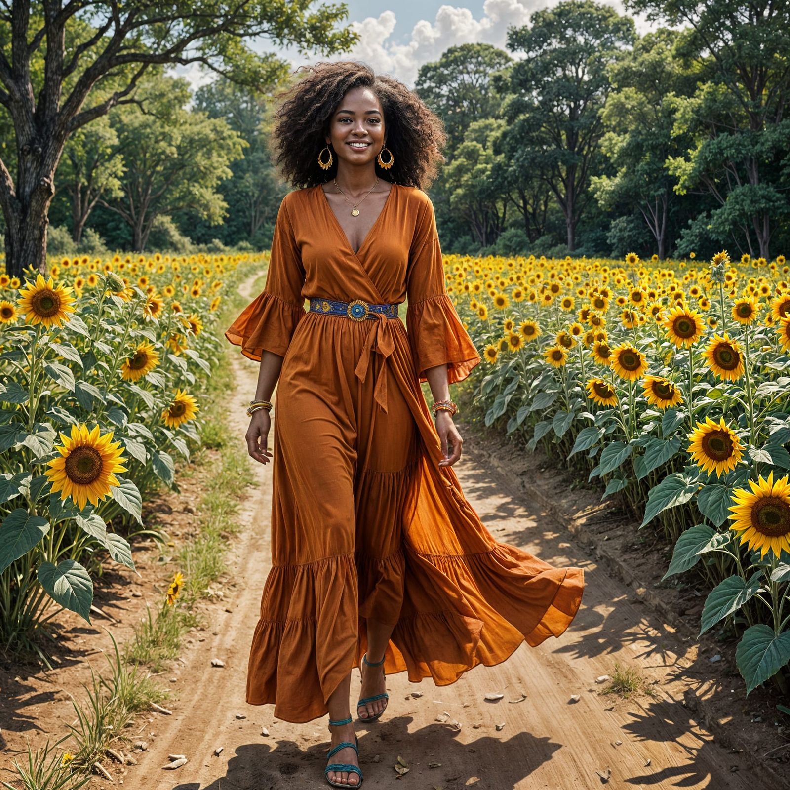 Barefoot Woman in Bohemian Dress, Ultra Realistic Oil Painti...