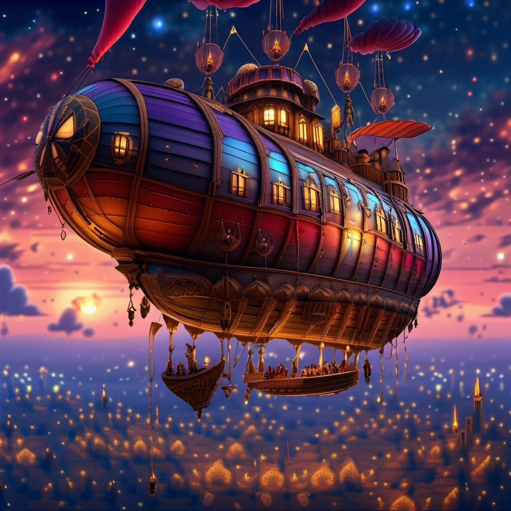 Steampunk Airship Dancing in the Night Sky