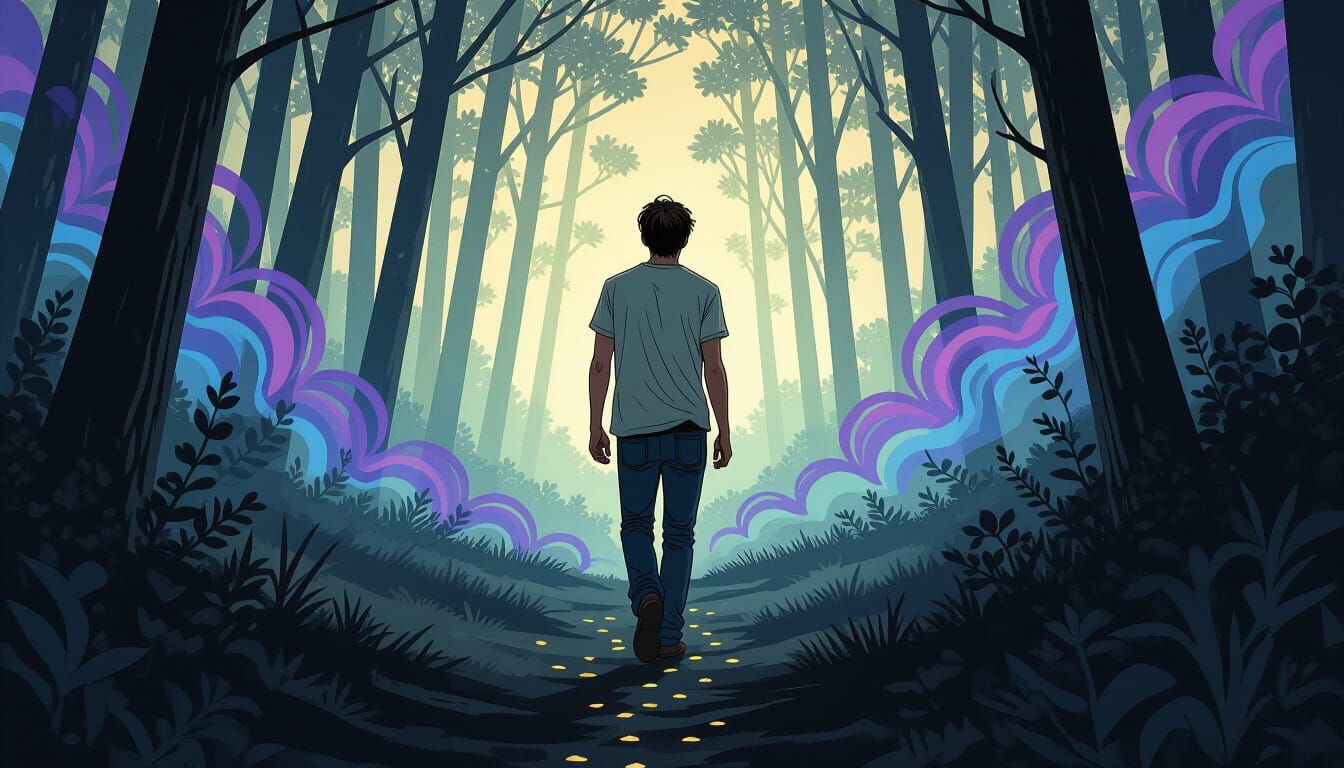 Man Follows Breadcrumbs in Misty Forest: Ligne Claire Art