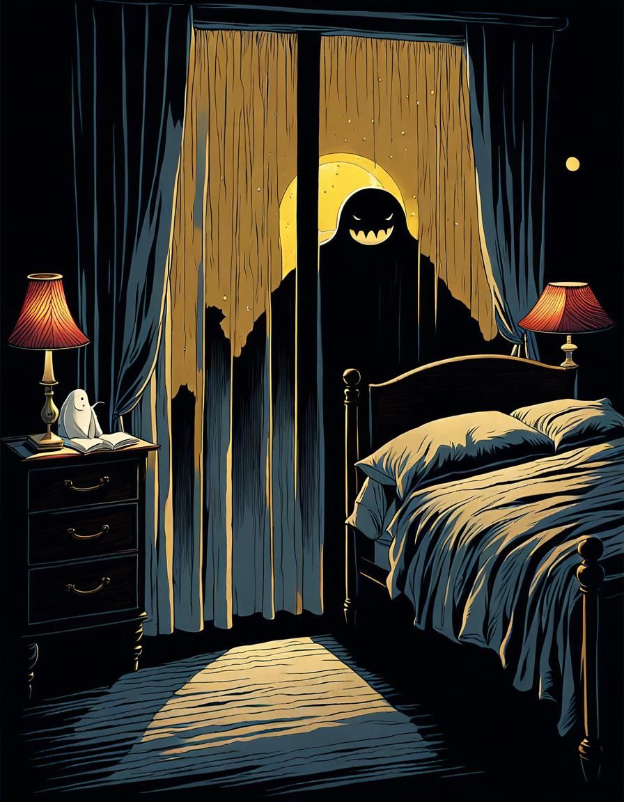 Ghostly Figure Under Bed in Whimsical Illustration