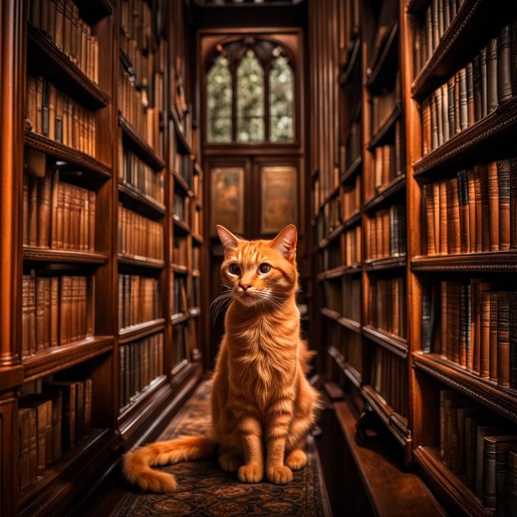 Orange Cat in Silent Library: Hyperrealistic 64MP Photo