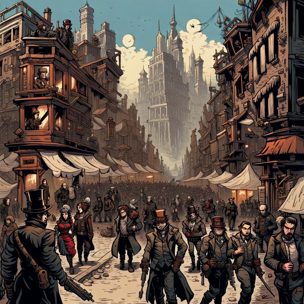 Steampunk Gothic City Under Siege: Panoramic War Scene