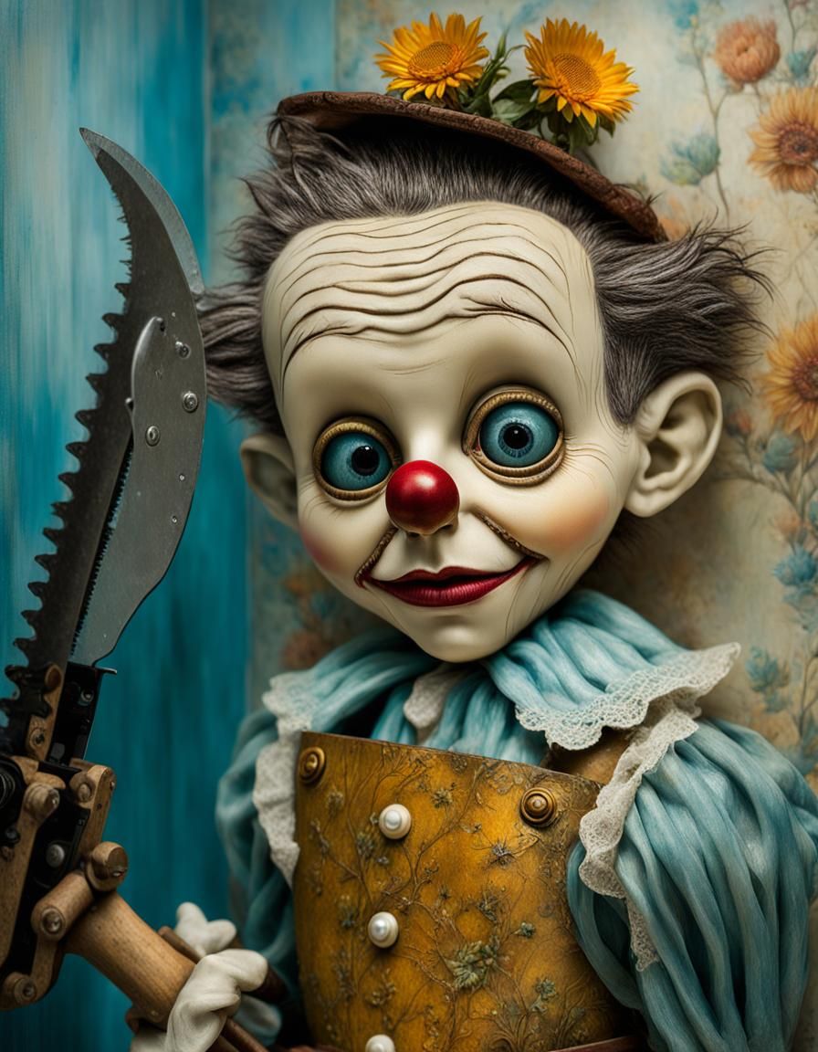 Hyperreal Pinocchio with Chainsaw, Oil on Canvas