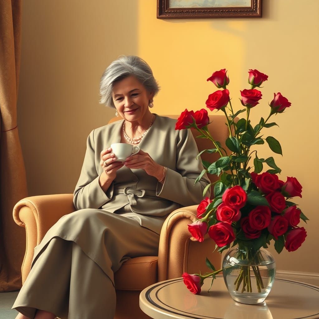 Grandmother Enjoying Tea with Roses
