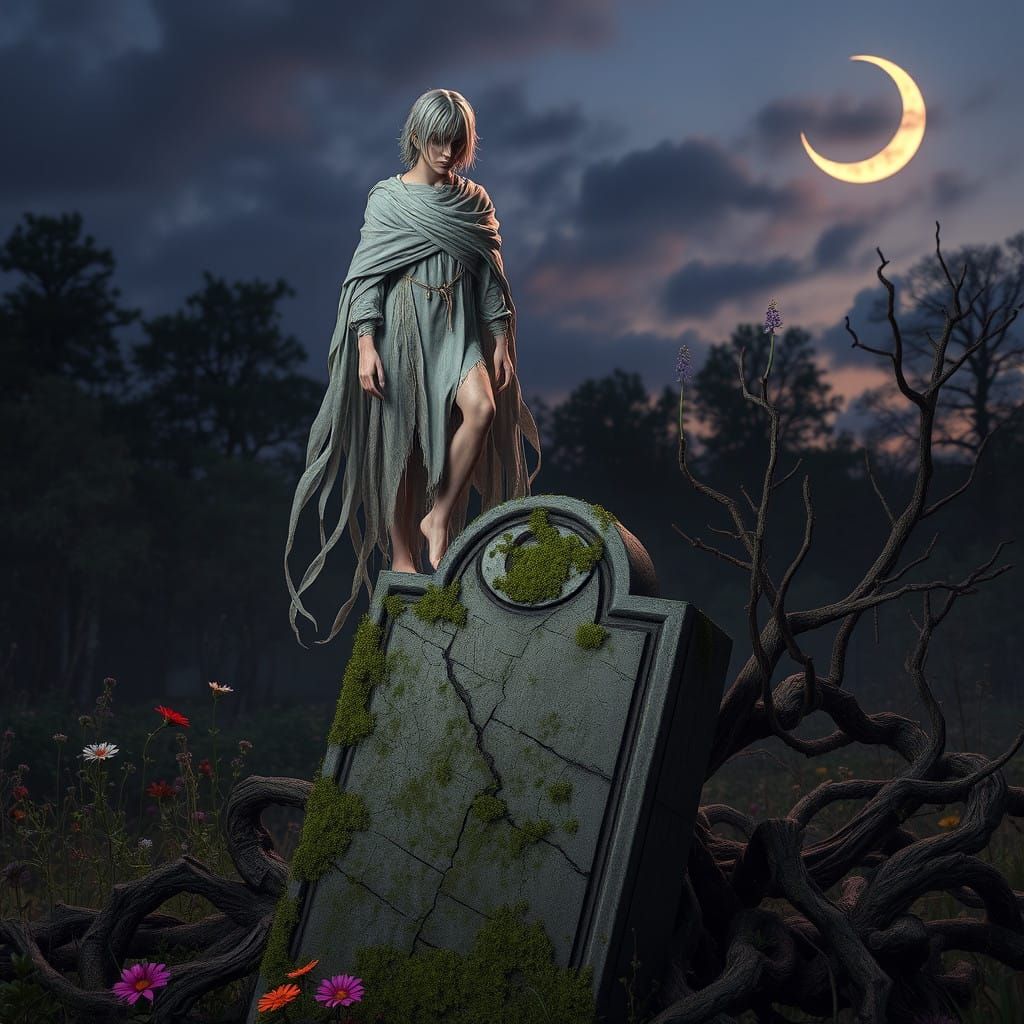 Ethereal Young Ghost Amidst Twilight Graveyard