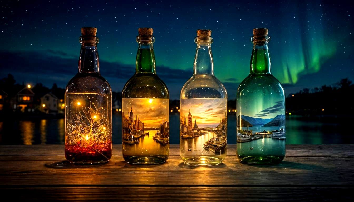 Illuminated Bottles Displaying Magical Worlds on Rustic Tabl...