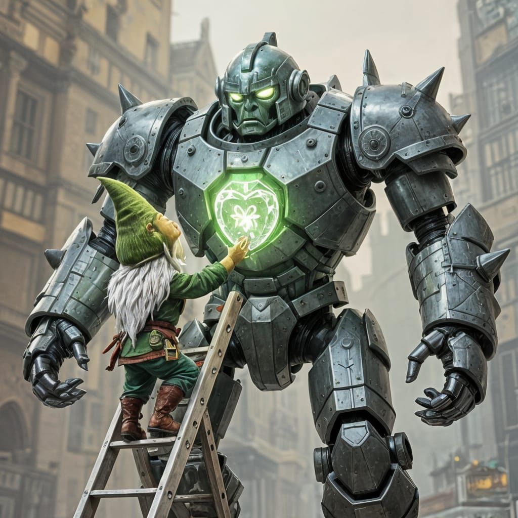 Gnome Installs Glowing Crystal Heart in Giant War Golem