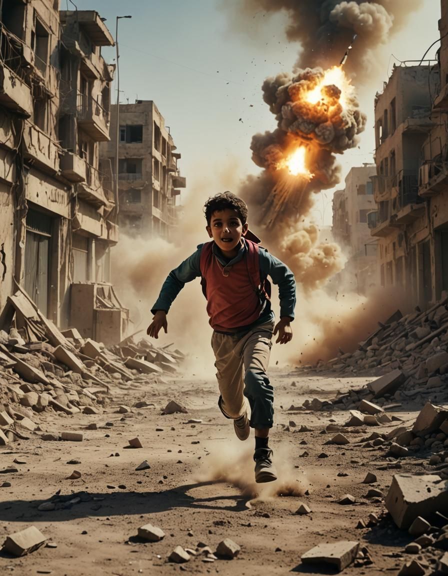 Child Fleeing Missile Strike in War-Torn City