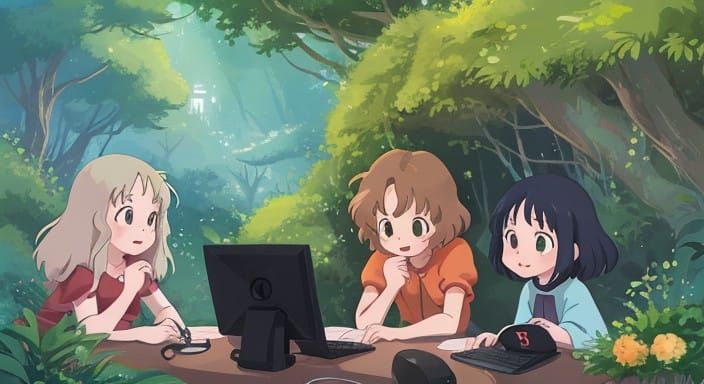 Cyberpunk Hacking Scene in Ghibli Style