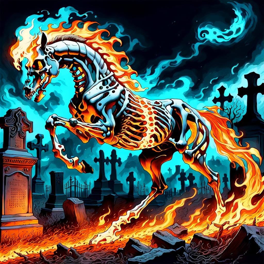 Flaming Skeletal Horse Galloping Through the Night