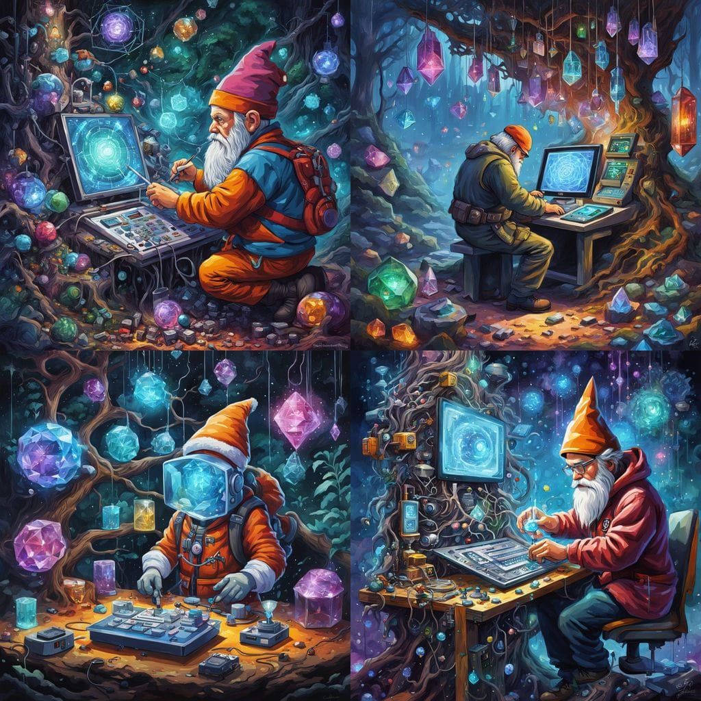 Futuristic Gnome crystal radionics technician creating devic...