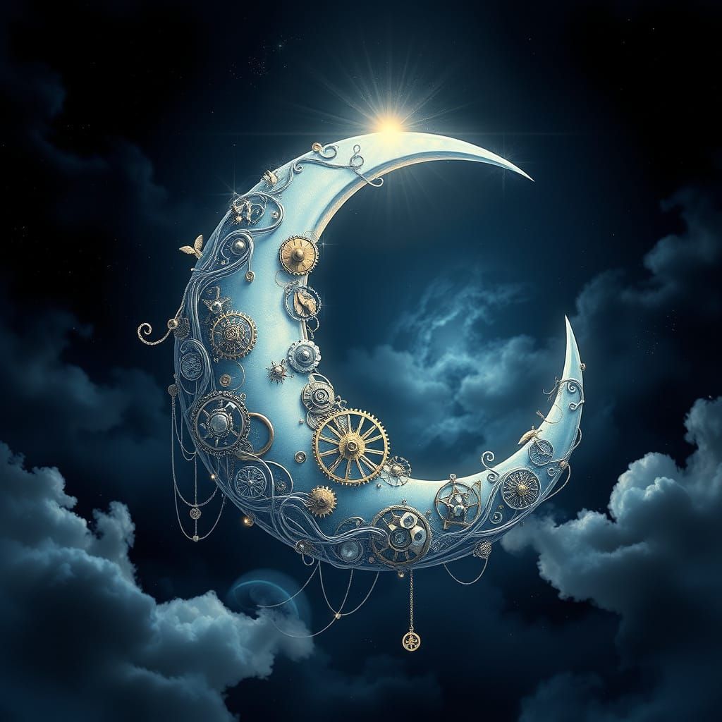 Steampunk Crescent Moon in Velvet Night Sky