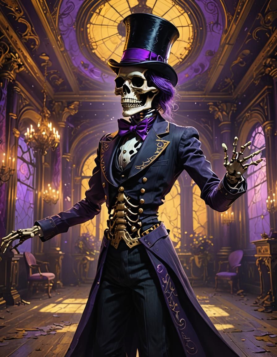 Skeleton Dances with Spirit in Mystical Ballroom