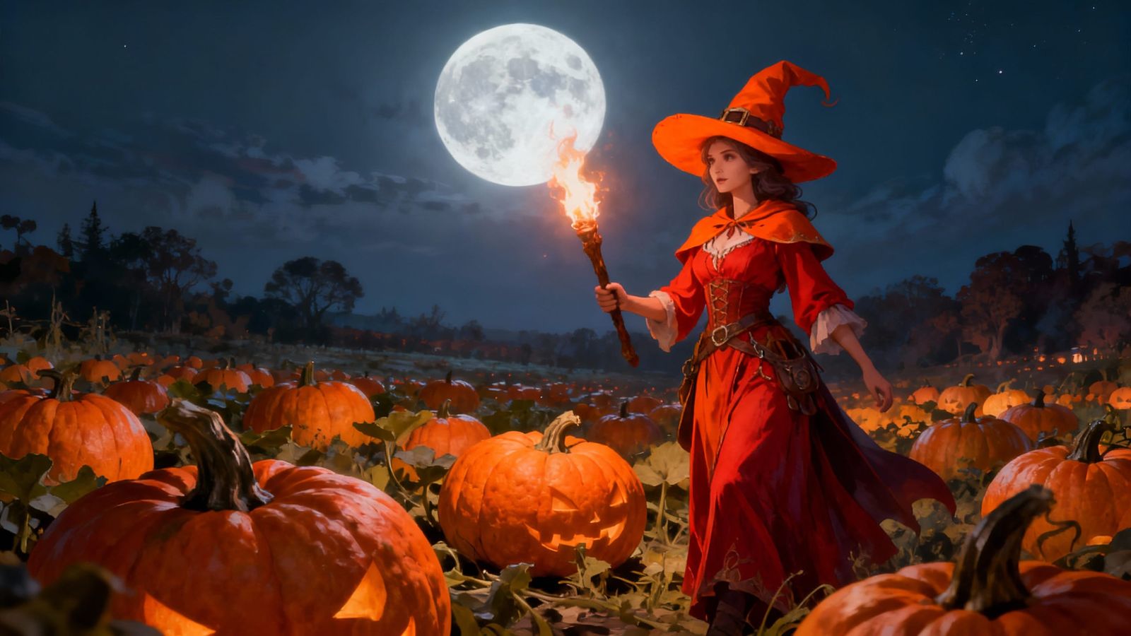 Orange Hat Witch in Moonlit Pumpkin Patch