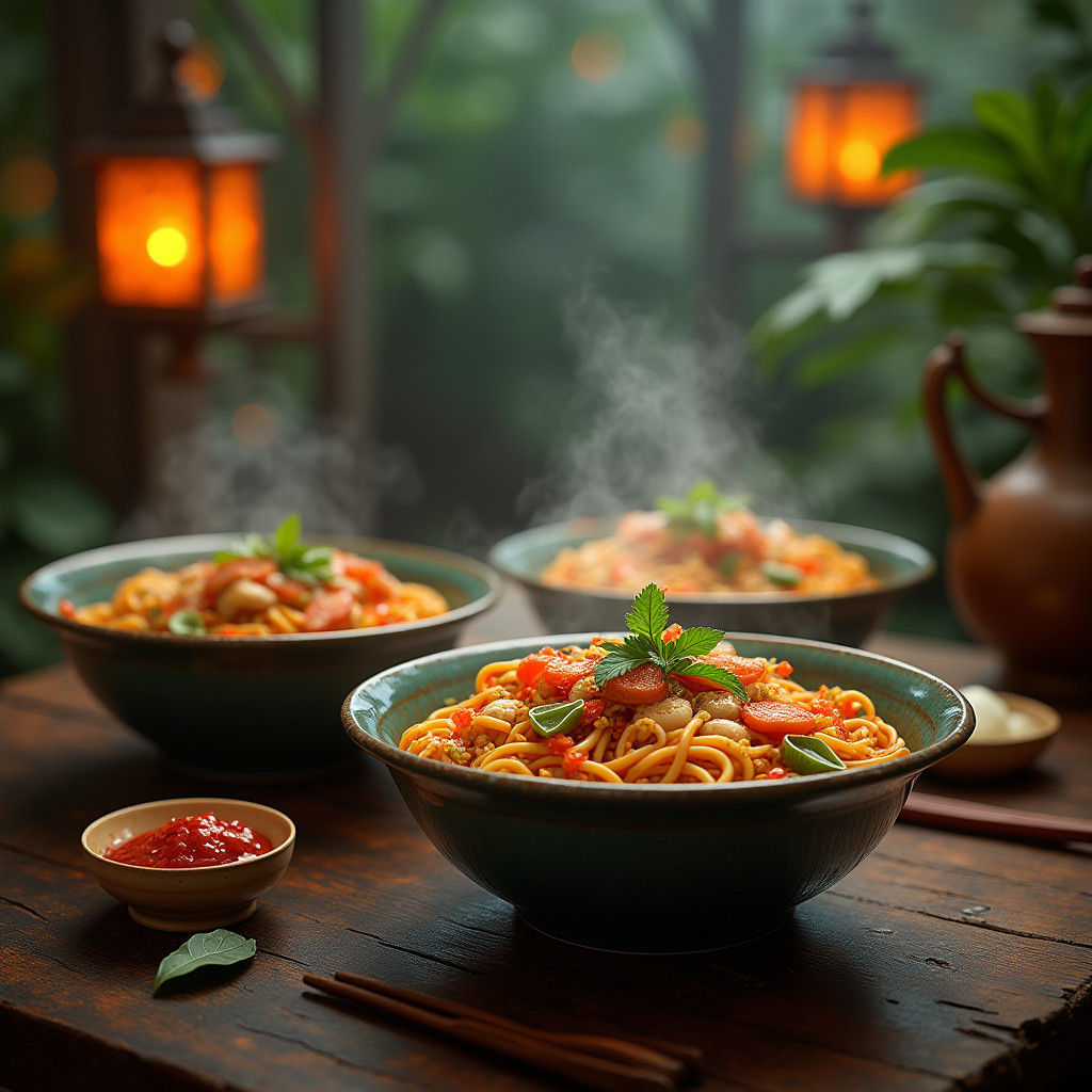 Mee Goreng Bowls in Dreamlike Fantasy Setting