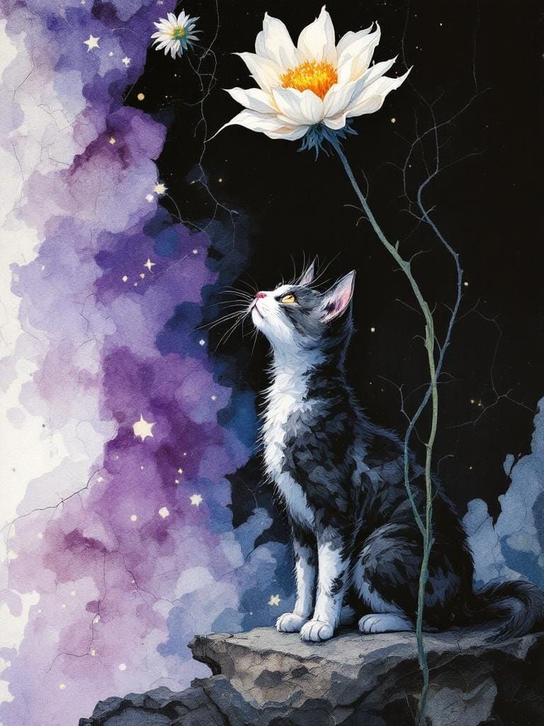 Cat Under Flower: Watercolor Illustration with Mystical Flai...