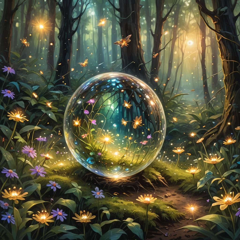 Crystal Orb in Enchanted Forest, Oil Painting Style