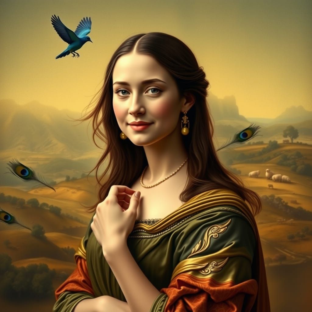 Regal Woman in Renaissance Style with Bluebird