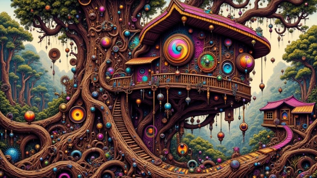 Whimsical Steampunk Treehouse Among Giant Sequoias