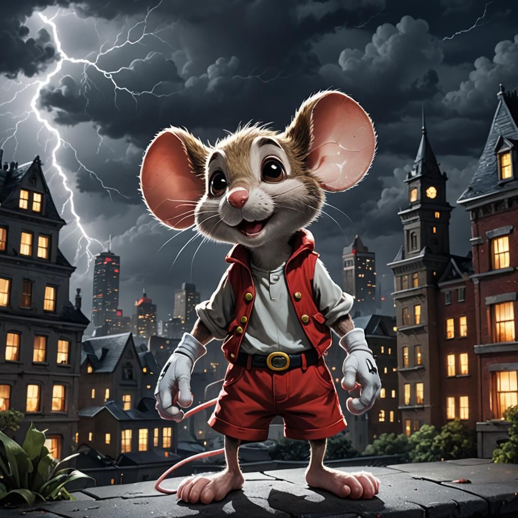 Cartoon Mouse Braves a Stormy Night