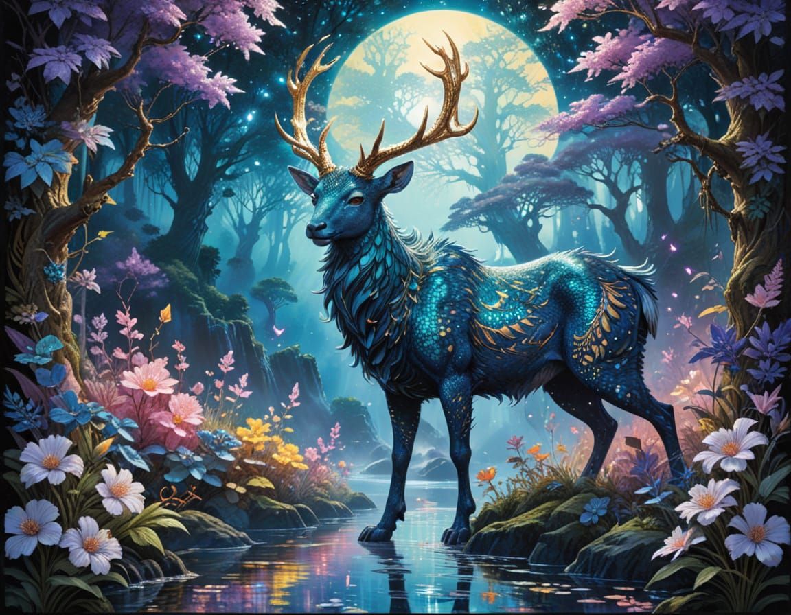 Ethereal Golden Pointillism Portrait of a Majestic Fantasy H...