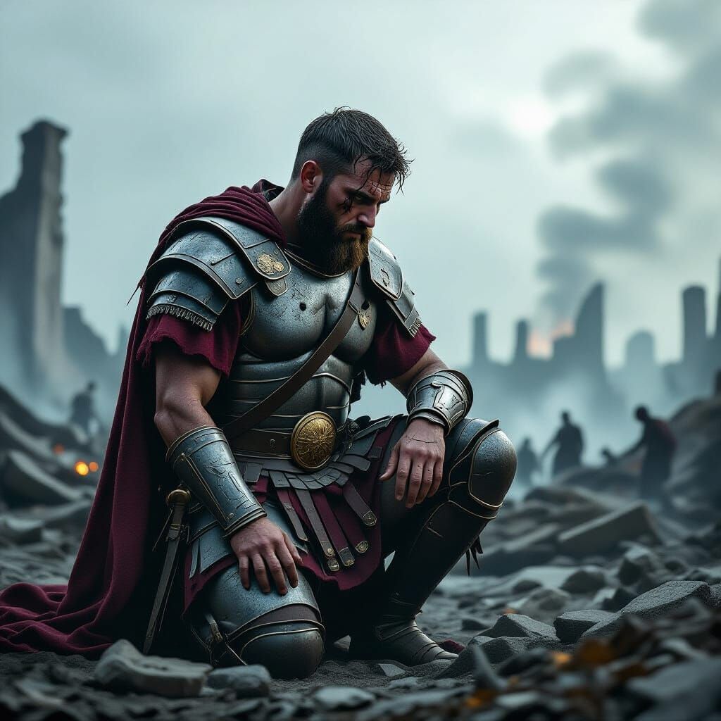 Grim Roman Legionary on Battlefield in Digital Painting Styl...