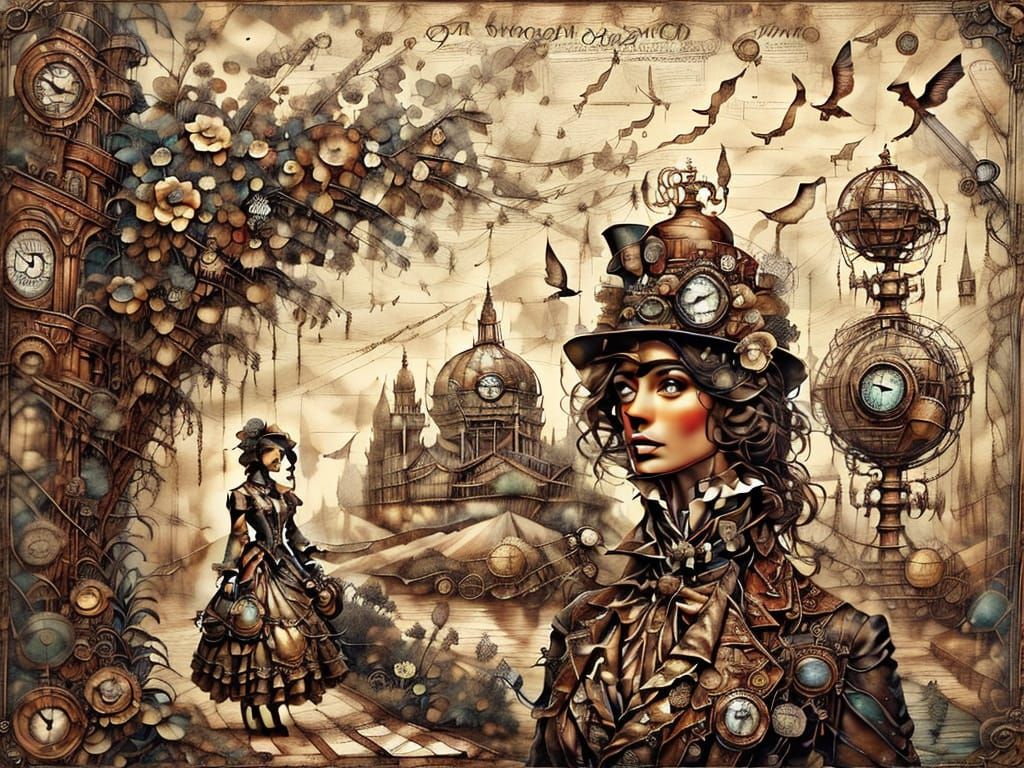Steampunk Couple Stroll on Foggy Victorian Road