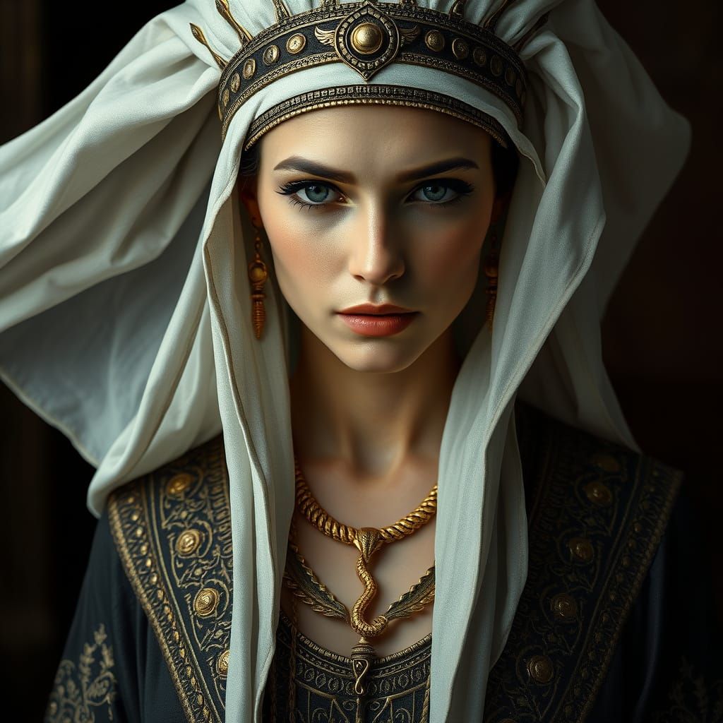Ethereal High Priestess in Ornate Robes with Golden Serpent ...