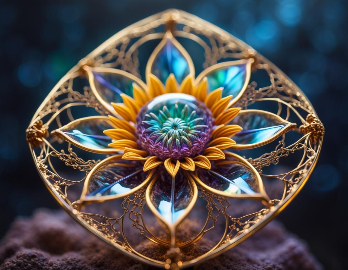 Crystal Encased Metal Flower in Dramatic Lighting