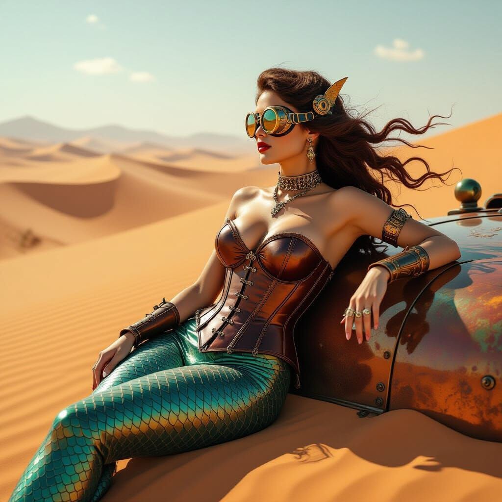Steampunk Mermaid Reclining in Sun-Scorched Desert