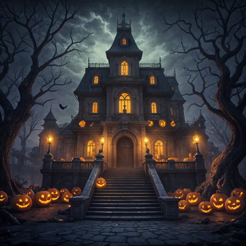 Haunted House with Jack-o'-Lanterns in Dark Fantasy Style