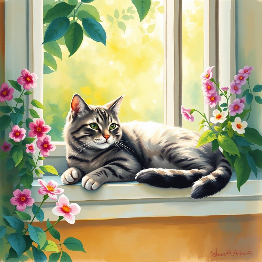 Serene Grey Tabby Cat in a Springtime Garden