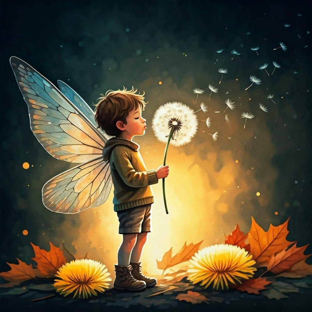 Fairy Boy Blowing Dandelion Seeds, Watercolor Painting