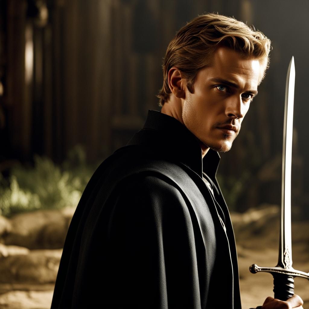 Man in Black Suit with Medieval Sword