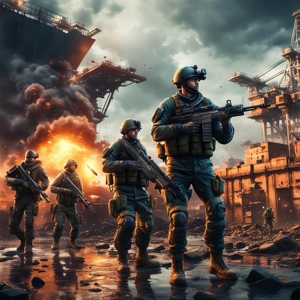 Modern Soldiers Fighting in Industrial Port, Detailed Matte ...