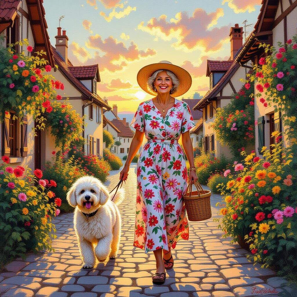 Elderly Woman Strolling Through Village in Impressionist Sty...