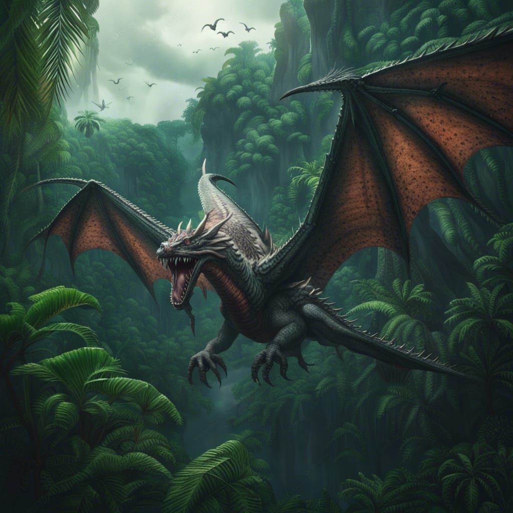 Lovecraftian Wyvern Over Jungle: Digital Matte Painting