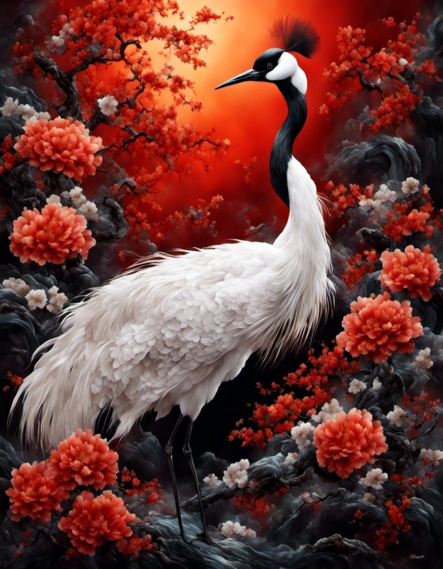 Red-Crowned Crane and Flowers in Lacquer Inlay