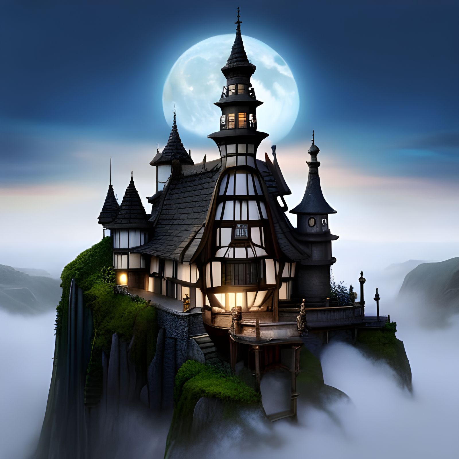 Fairytale Mansion on Waterfall in Foggy Dungeonpunk Style