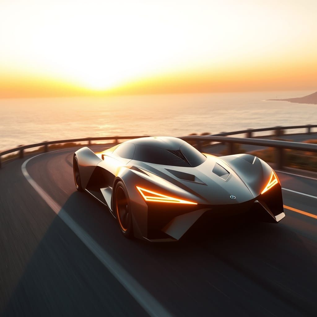 Sleek Futuristic Supercar Speeds Down Coastal Highway at Sun...