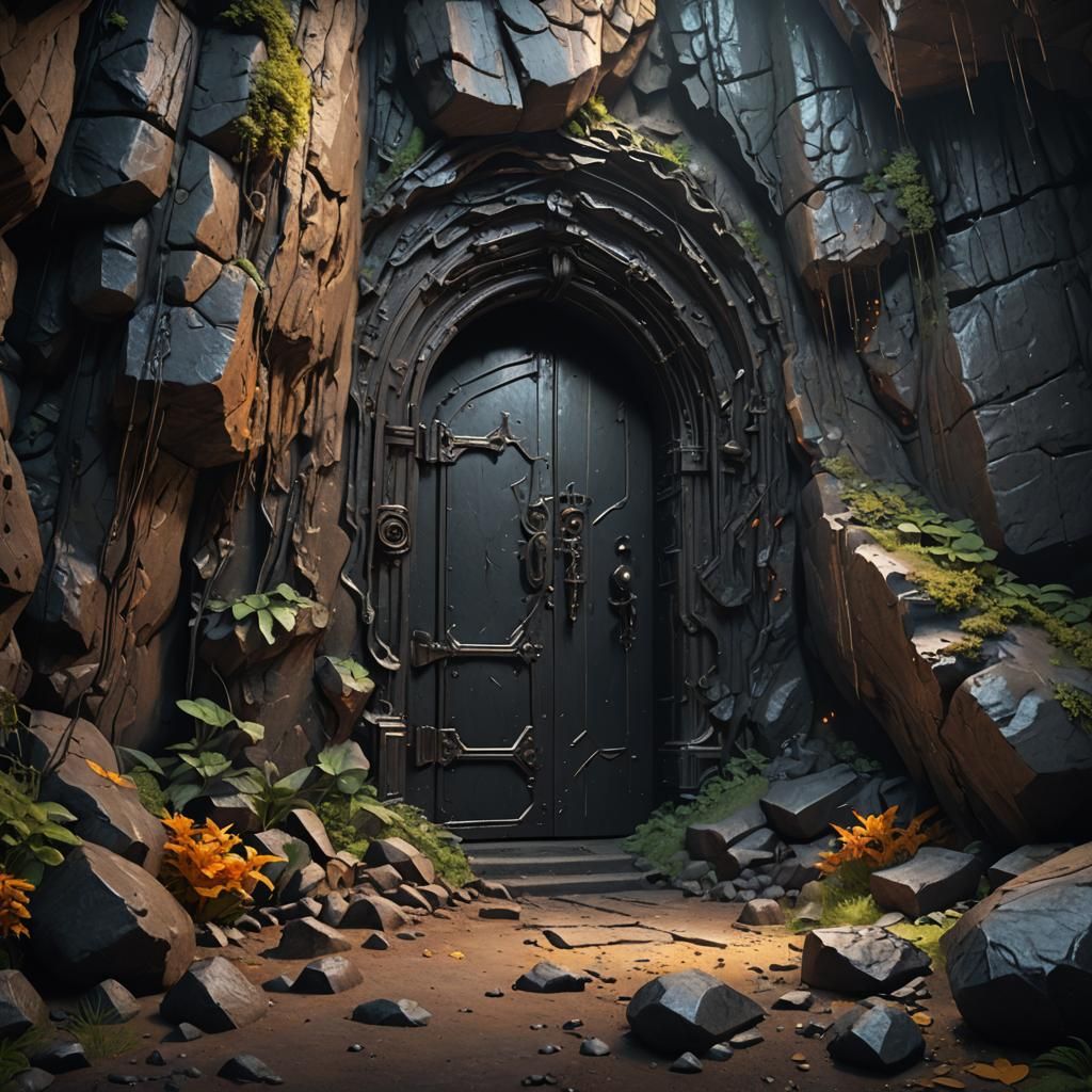 Deep Cave with Black Metal Door: Fantasy Concept Art