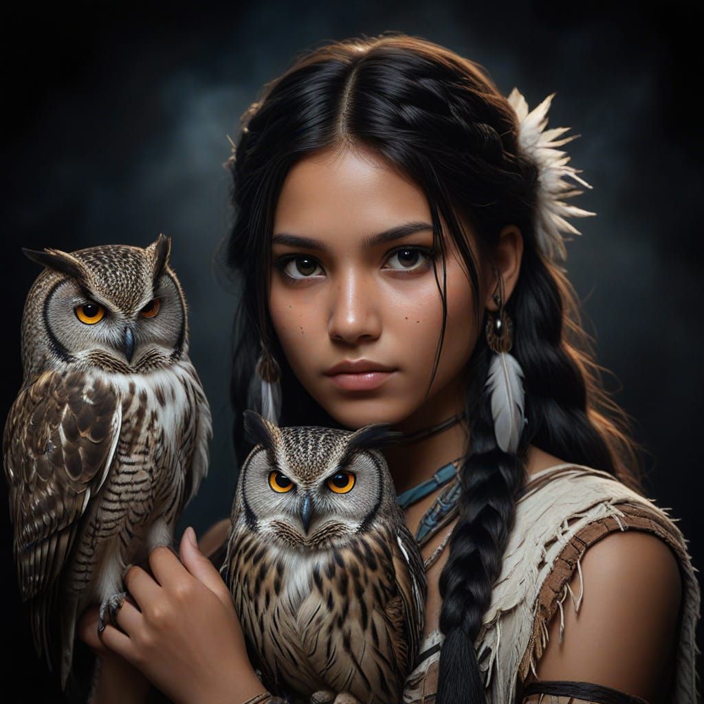 Native American Girl With Owl, Concept Art Masterpiece