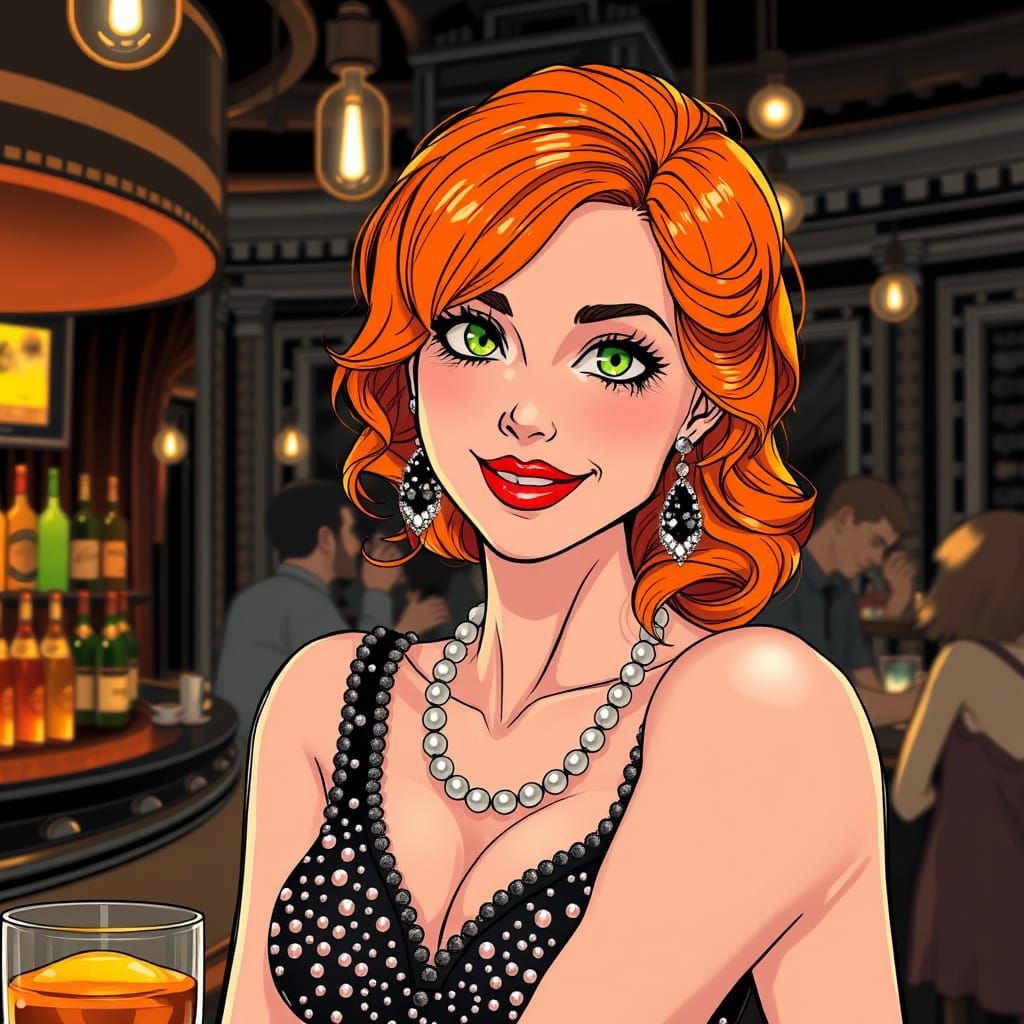 Smiling Woman in Flapper Dress: Anime-Style Line Art