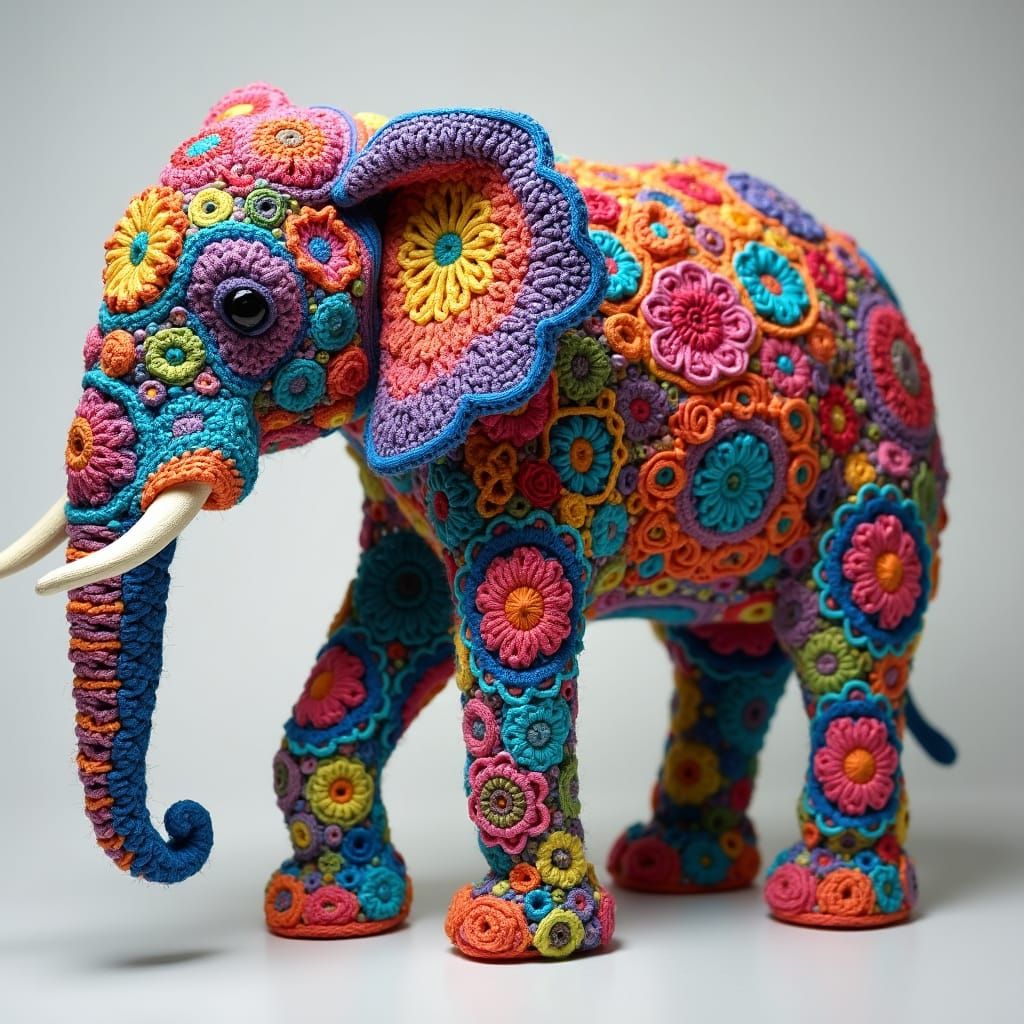 Rainbow Yarn Elephant in Psychedelic Art Style