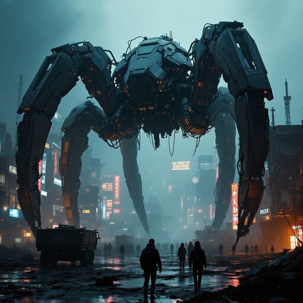 Giant Spider Robot Dominates Ruined Cityscape
