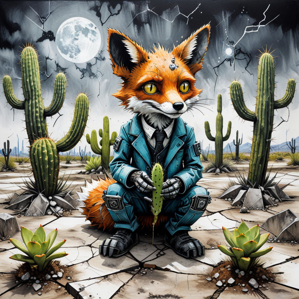 Futuristic Maniac fox with Cybernetic Implant eating Cactus on Cracked Earth Ink Wash Van Gogh-esque, Banksy Tim Burton