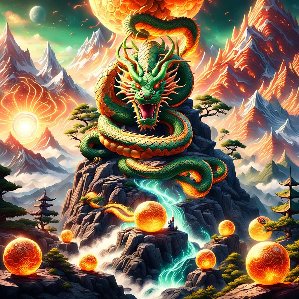 Shenron and Dragon Balls on Mystical Peak